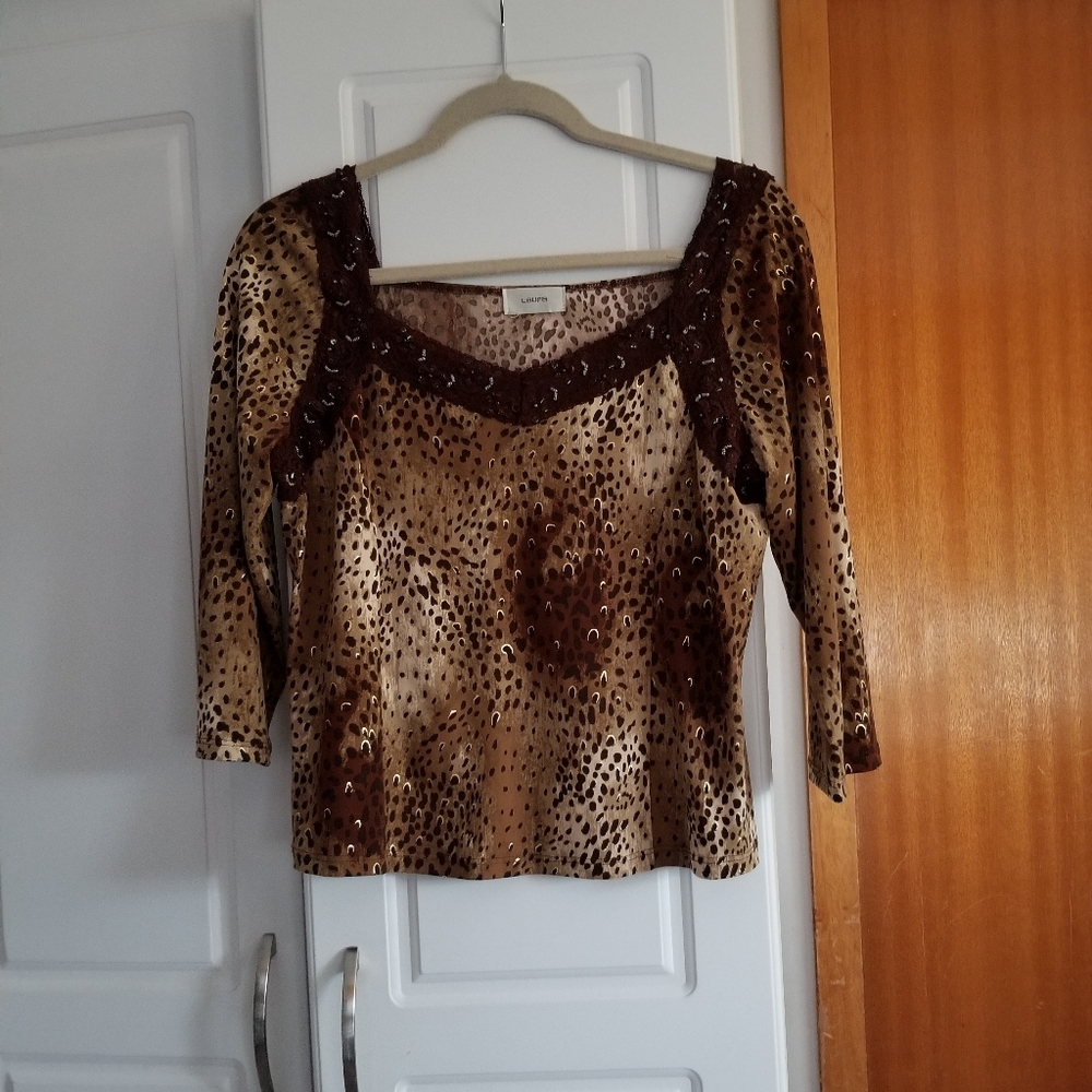 👙Laura leopard print long sleeved top with lace and beaded detailing